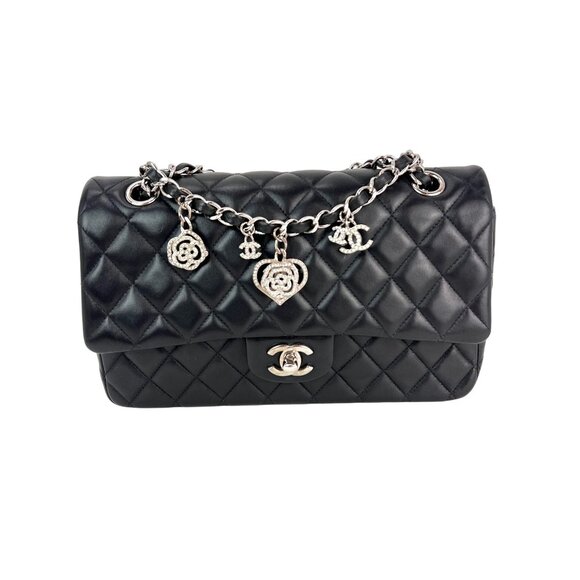Chanel Quilted Lambskin Valentine Crystal Charms Medium Single Flap Black Bag - Picture 1 of 16